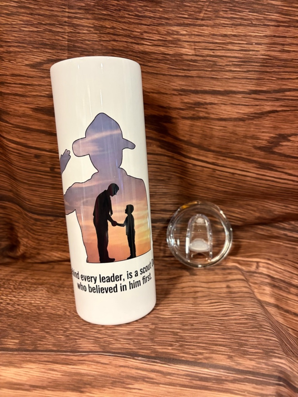 White Scout Silhouette Travel Tumbler with Sunset Graphic